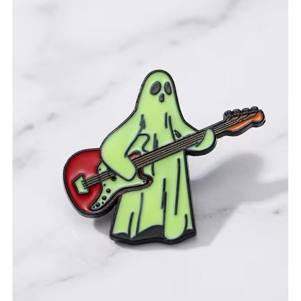 Green Ghost Playing Bass Guitar Enamel Pin Spooky Musician Halloween Accessory